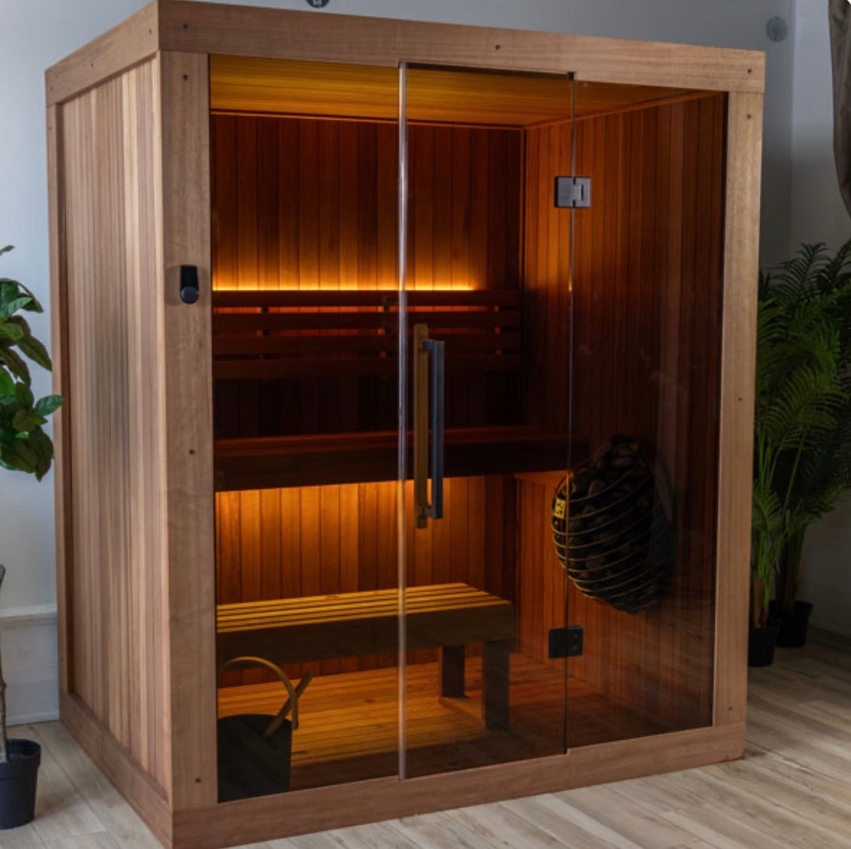 LeisureCraft CT Element Loft Indoor Sauna with wooden interior and glass door, designed for home relaxation and wellness.
