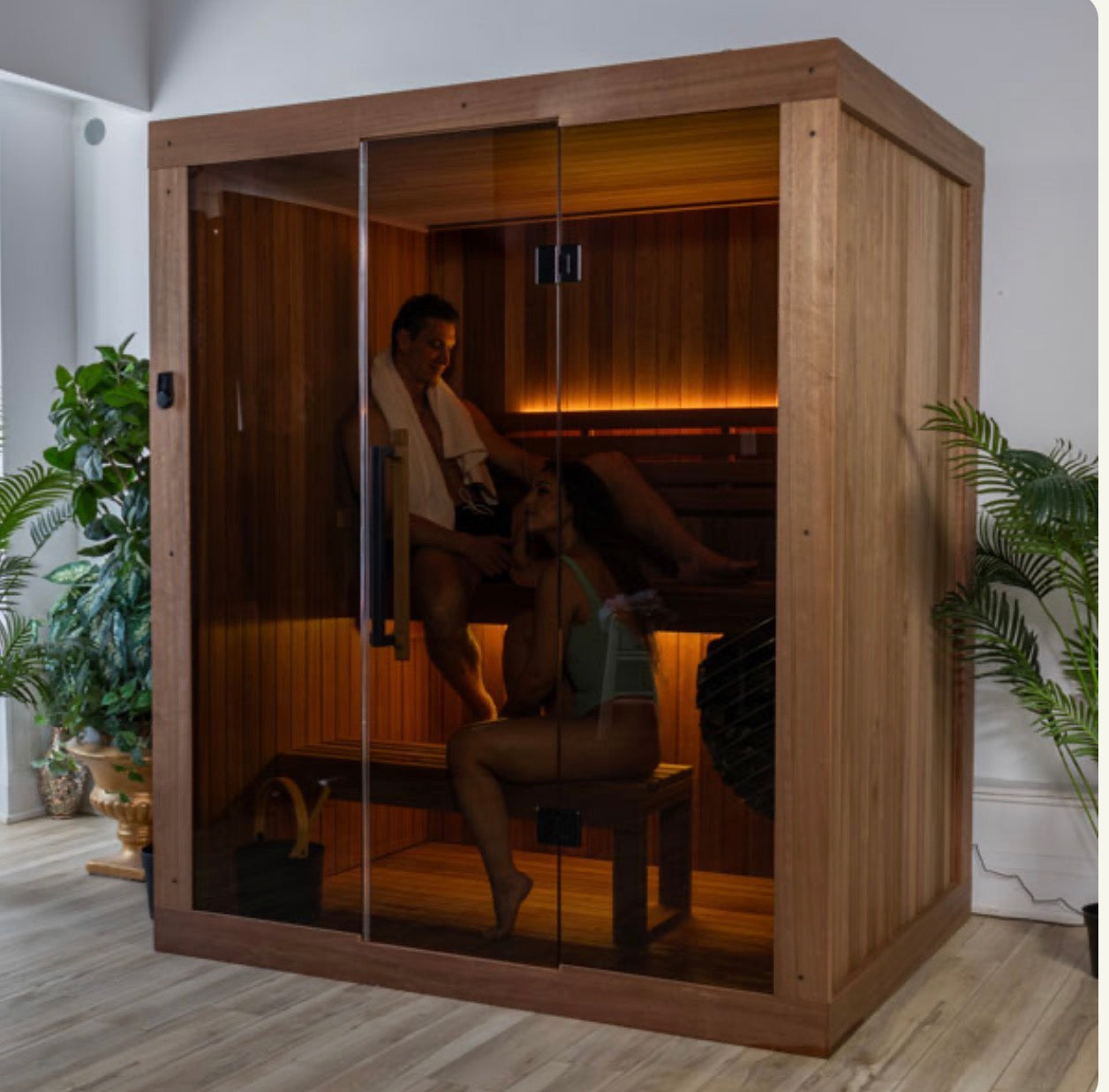 LeisureCraft CT Element Loft Indoor Sauna with wooden interior and digital control panel, designed for home relaxation.