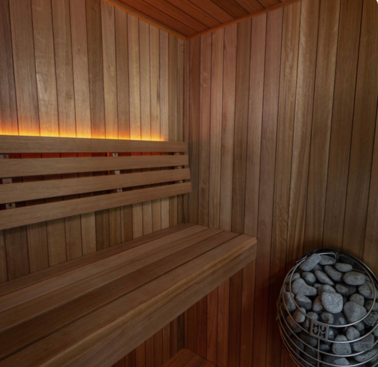 LeisureCraft CT Element Loft Indoor Sauna with wooden interior and glass door, designed for home relaxation.