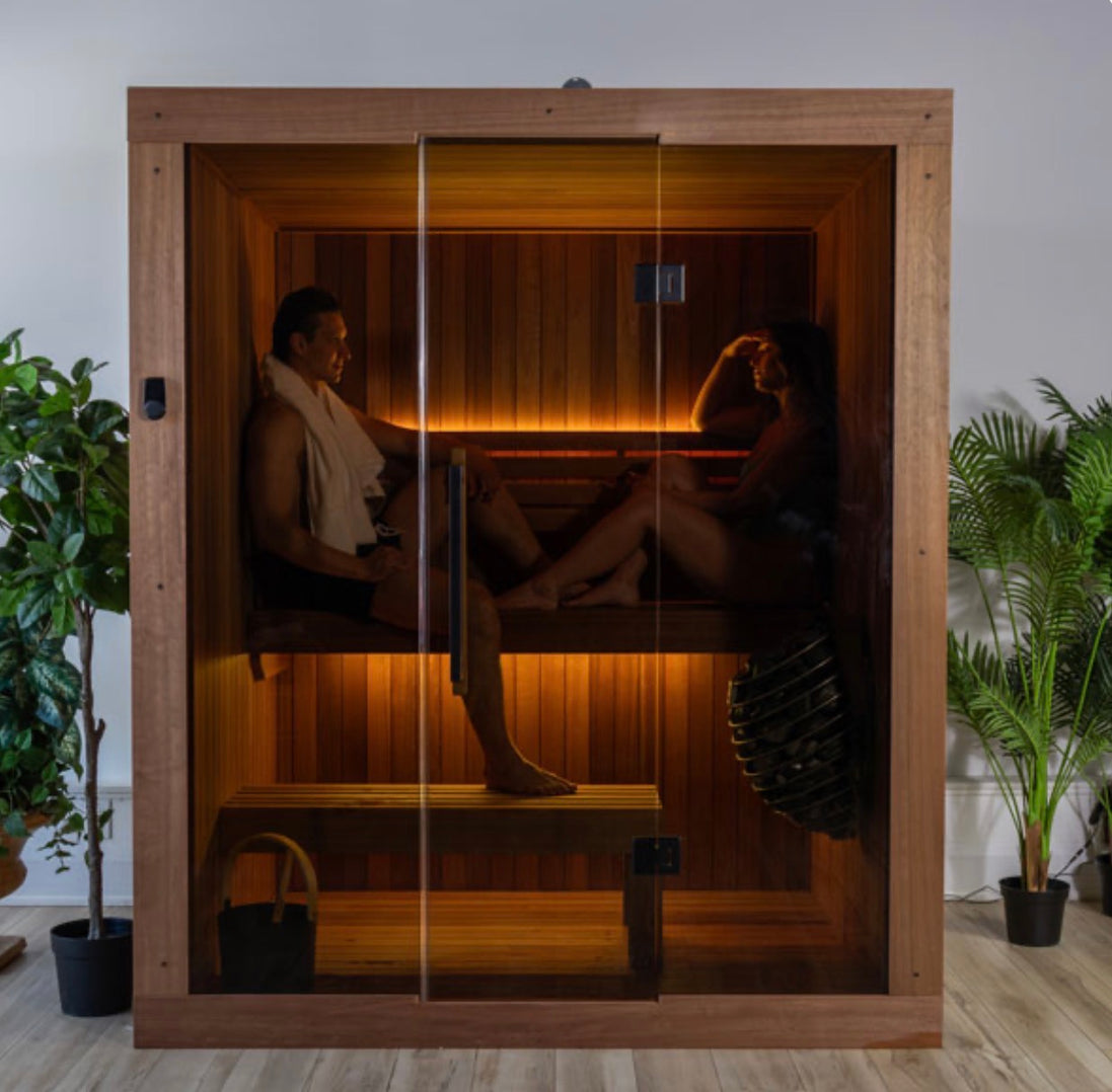 LeisureCraft CT Element Loft Indoor Sauna with wooden interior and glass door, designed for home relaxation and wellness.