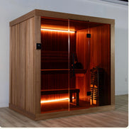 LeisureCraft CT Element Studio Indoor Sauna with glass door and wooden interior for home relaxation and wellness.