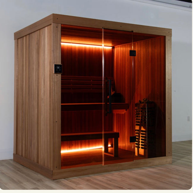 LeisureCraft CT Element Studio Indoor Sauna with glass door and wooden interior for home relaxation and wellness.