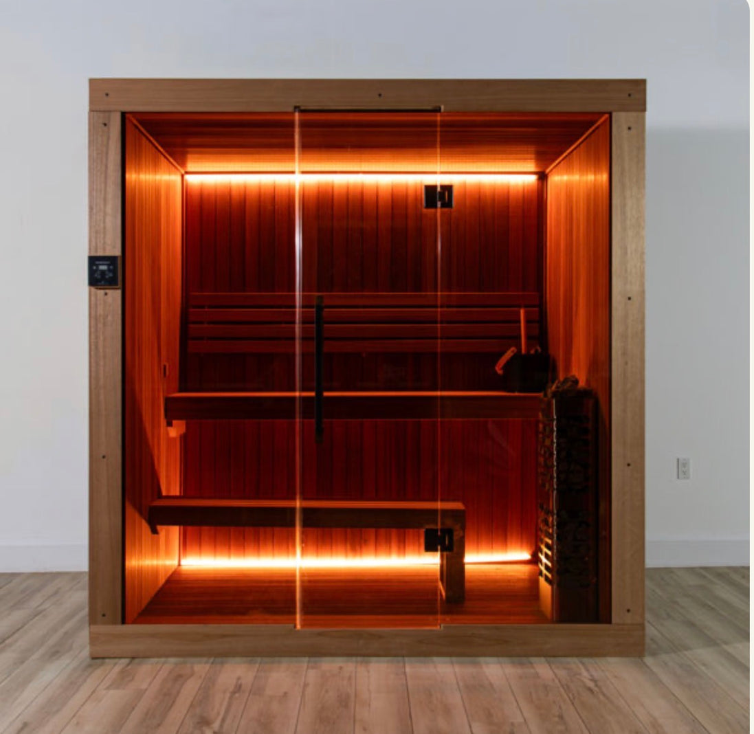 LeisureCraft CT Element Studio Indoor Sauna with wooden interior and glass door, designed for home relaxation and wellness.