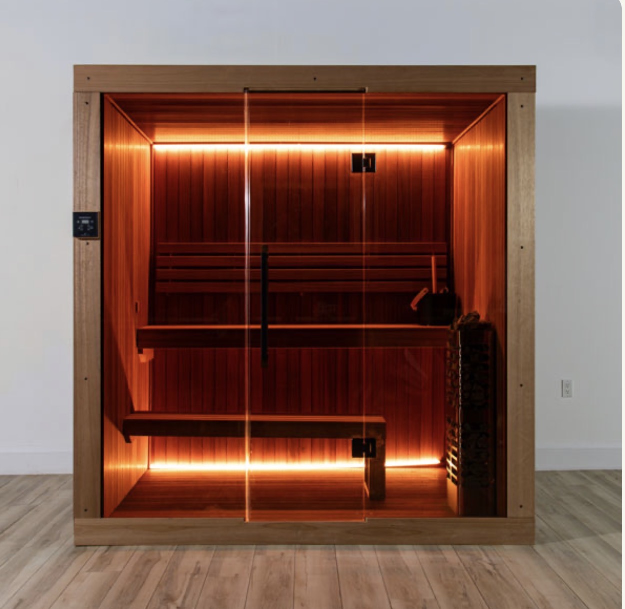 LeisureCraft CT Element Studio Indoor Sauna with wooden interior and glass door, designed for home relaxation and wellness.