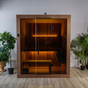 LeisureCraft CT Element Studio Indoor Sauna with wooden interior and glass door, designed for home relaxation and wellness.