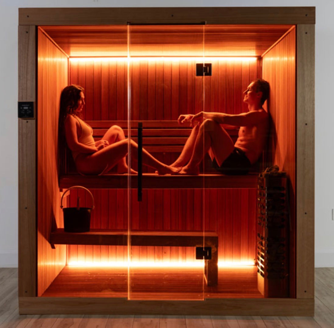 LeisureCraft CT Element Studio Indoor Sauna with glass door and wooden interior for home wellness and relaxation.