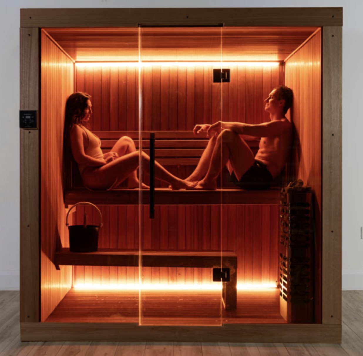 LeisureCraft CT Element Studio Indoor Sauna with glass door and wooden interior for home wellness and relaxation.