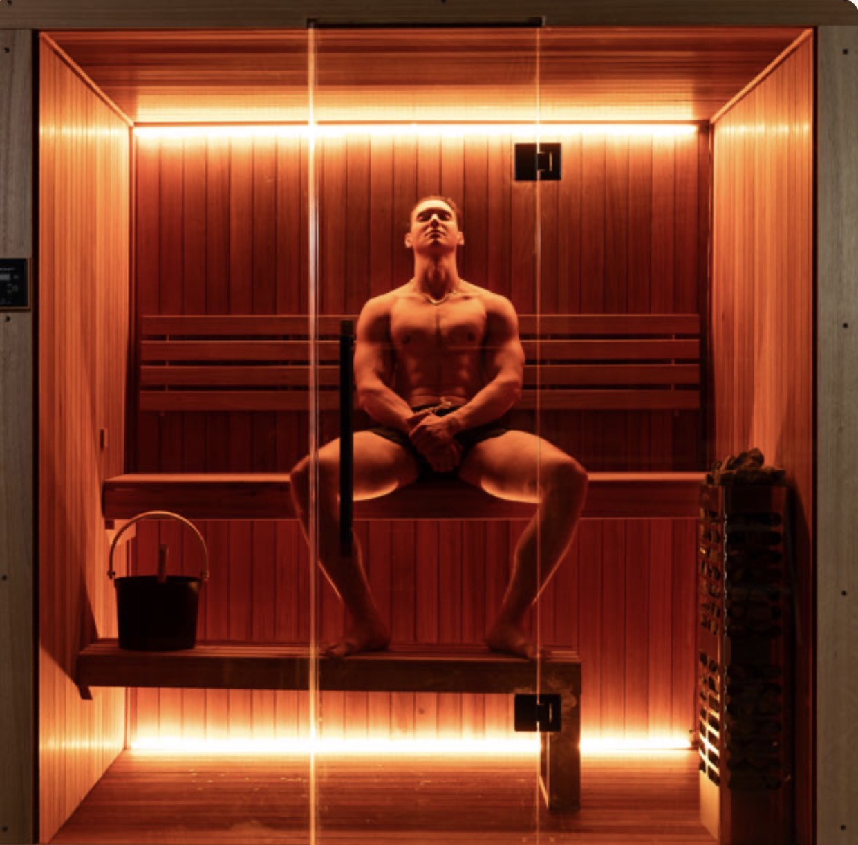 LeisureCraft CT Element Studio Indoor Sauna with wooden interior and glass door, designed for home relaxation and wellness.
