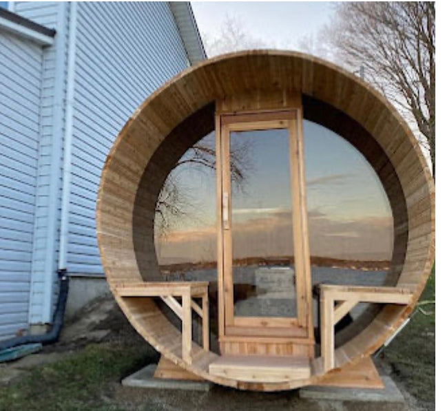 Tranquility MP Panoramic Barrel Sauna – Glass Front | Canadian Timber Collection