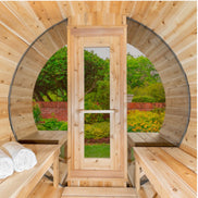 Tranquility MP Panoramic Barrel Sauna – Glass Front | Canadian Timber Collection