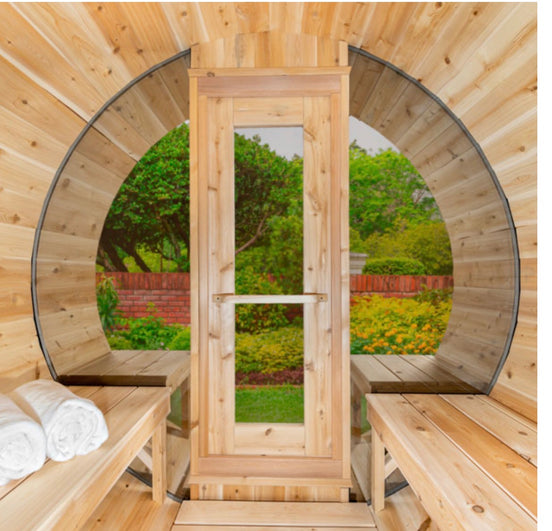 Tranquility MP Panoramic Barrel Sauna – Glass Front | Canadian Timber Collection