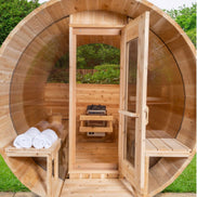 Tranquility MP Panoramic Barrel Sauna – Glass Front | Canadian Timber Collection