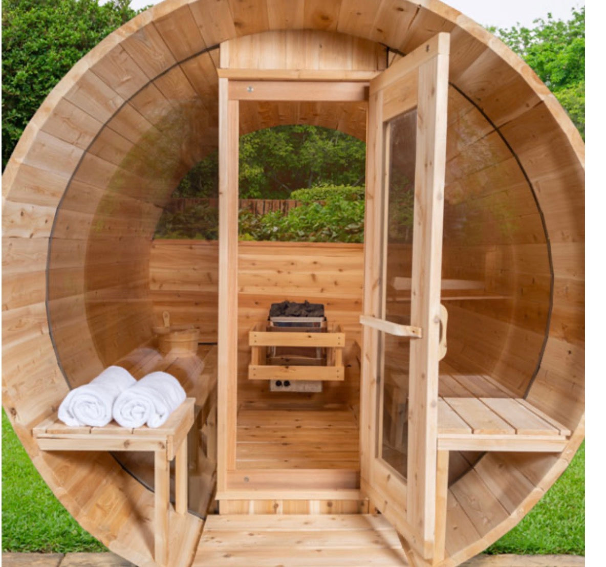 Tranquility MP Panoramic Barrel Sauna – Glass Front | Canadian Timber Collection