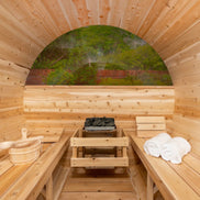 Tranquility MP Panoramic Barrel Sauna – Glass Front | Canadian Timber Collection