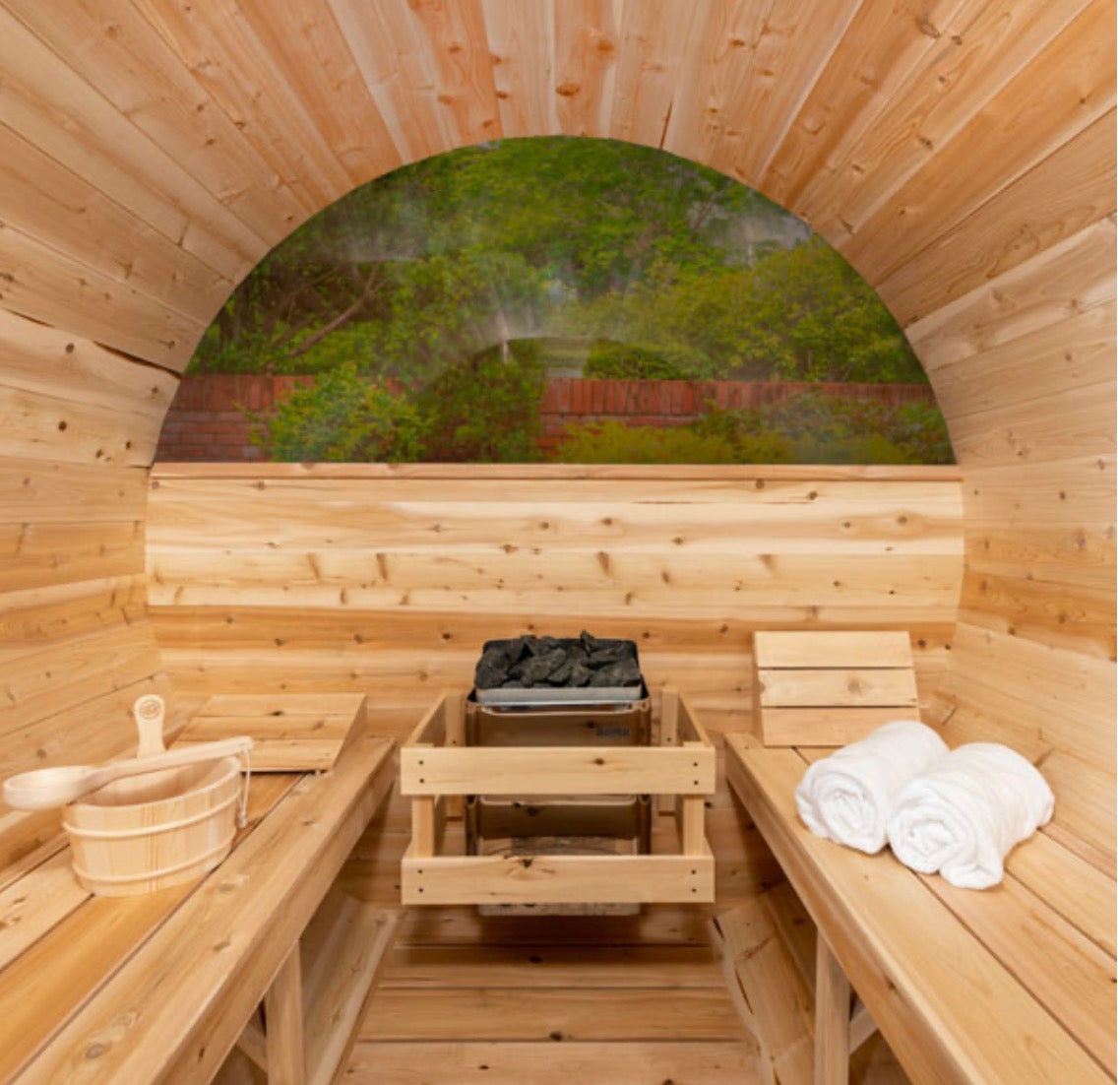 Tranquility MP Panoramic Barrel Sauna – Glass Front | Canadian Timber Collection