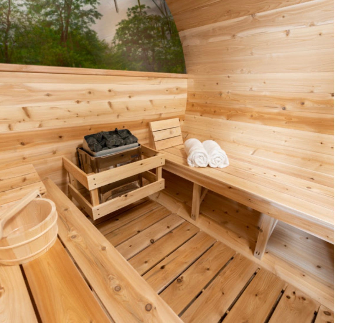 Tranquility MP Panoramic Barrel Sauna – Glass Front | Canadian Timber Collection