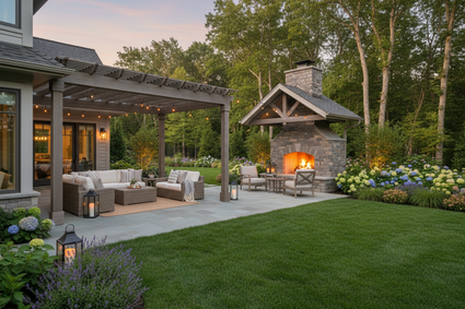 generate a 3:1 ratio image of a backyard with an half covered area and an outdoor fireplce in it