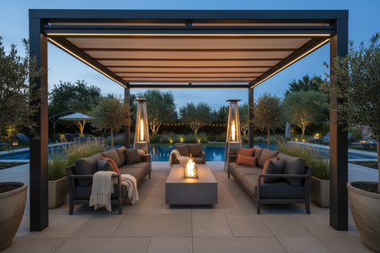 generate me an image in a 3:1 ratio of a backyard with a pergoal and a nice outdoor llounge set with in the center a fire tbale and a tower heater 