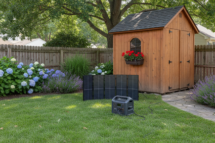 generate me an image in a 3:1 ratio showing a solar generator in the backyard of a home next to a shed